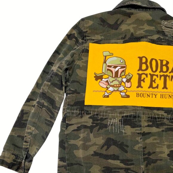 One-Of-A-Kind Boba Fett Custom Sans Souchi Camouflage Denim Jacket Sz S - Picture 3 of 14